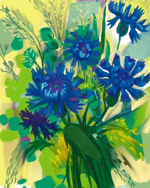 Bouquet Blue Cornflowers Yellow Background — Stock Photo, Image
