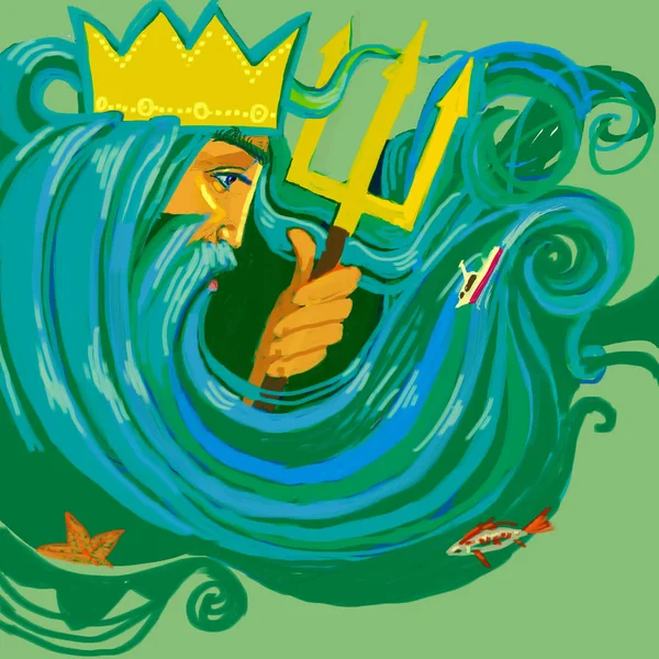 Dalgalar gibi bir mızrak ve sakal ile Neptün bir kroki
