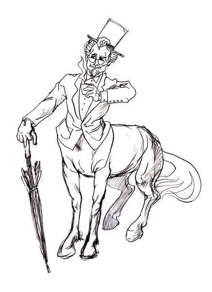 Şemsiye, smokin, şapka ile beyefendi centaur portre kroki.