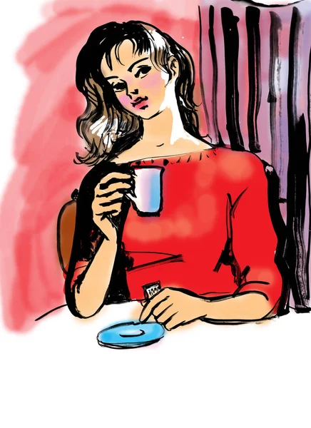 Uzun saçlı kız kafede çay içer, resim çizer.  