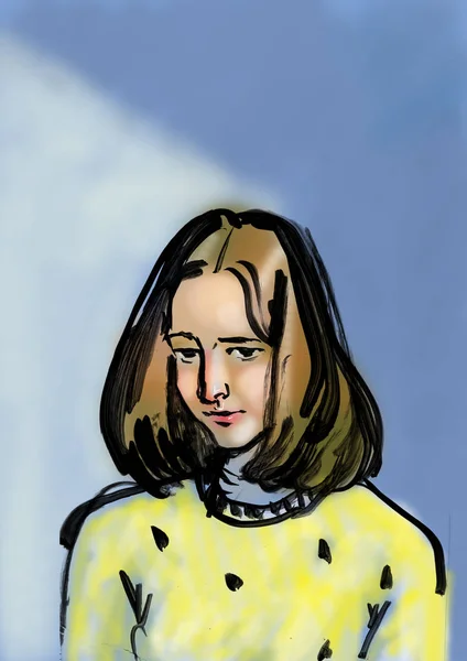 Sketch Portrait Sad Young Girl — Stock Photo, Image
