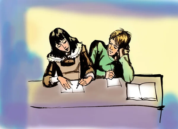 Öğrenciler okul masasında ders veriyor.