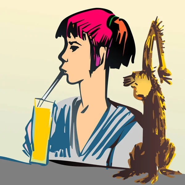 Maymunla su içen bir kızın resmi 