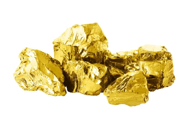 Zavřít Skupina Zlatých Pruhů Izolovaných Bílém Pozadí Lesklé Zlaté Nugety — Stock fotografie