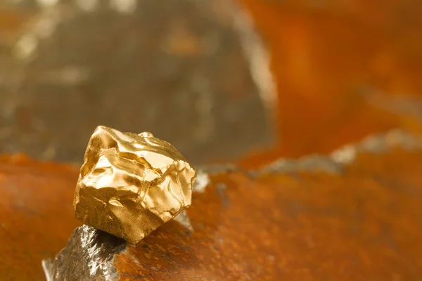 Nehir kıyısındaki ıslak bir taşta madende bulunan saf altın cevheri. Doğada Altın bar yakın. Başarı ve Yatırım Kavramı imajı. — Stok fotoğraf