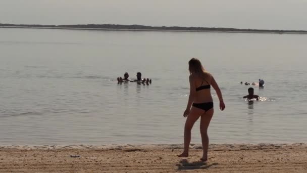 Femelle Marchant Sur Des Cristaux Plage Salée Sur Mer Morte — Video