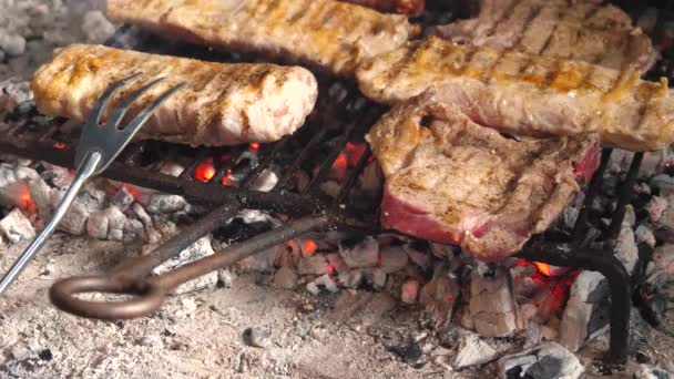 Primer Plano Las Imágenes Carne Parrilla Sobre Las Brasas Vivas — Vídeo de stock