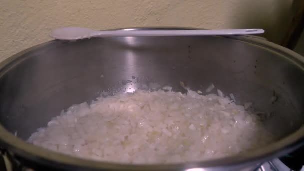 Onions Slow Cooking Pot Slow Motion Footage — Stock Video