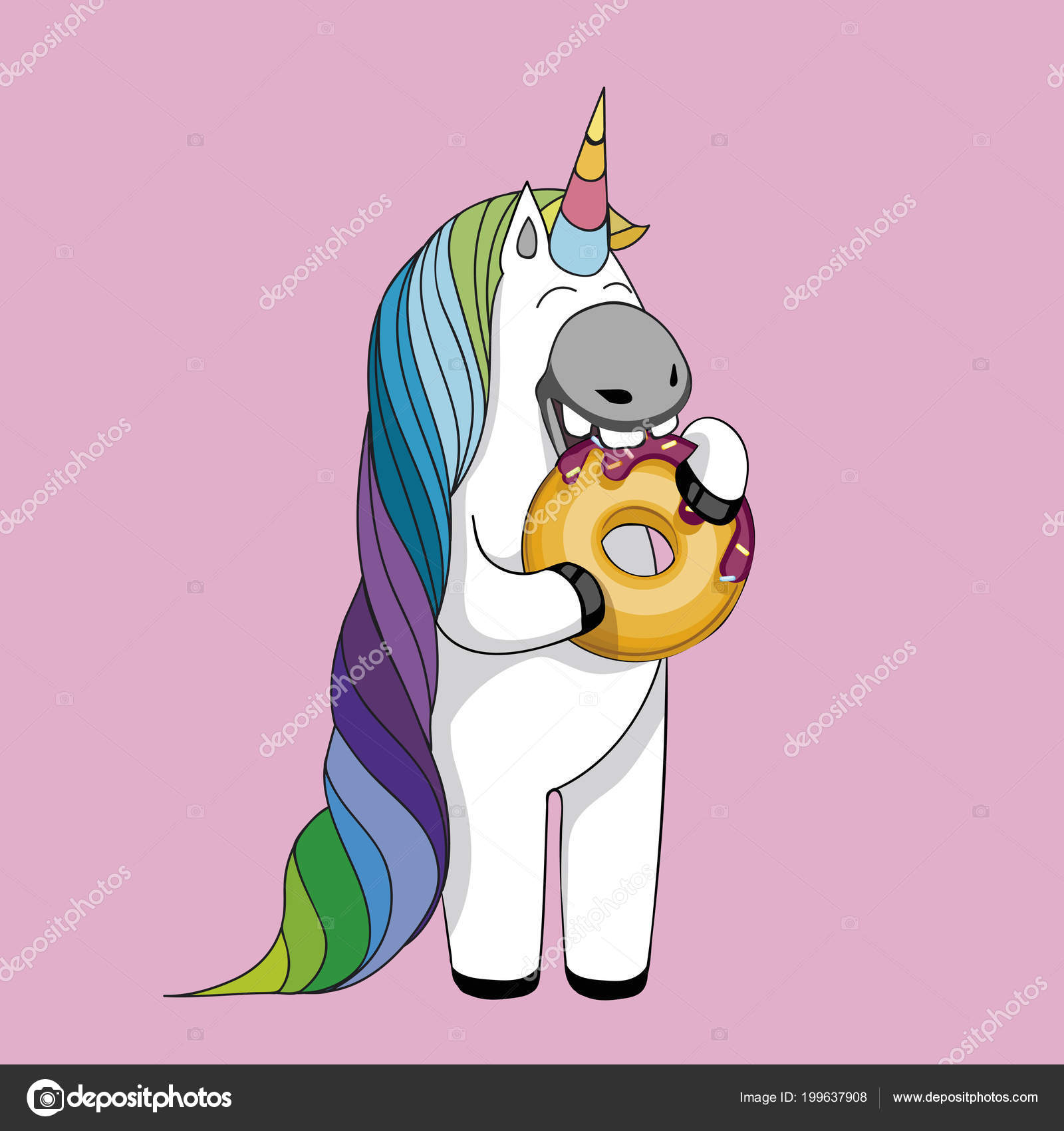 Vektorillustration Mit Niedlichen Cartoon Einhorn Essen Leckere Donuts
