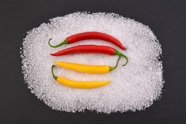 Mix Chili Peppers Salt Black Stone Black Food Background Spices — Stock Photo, Image