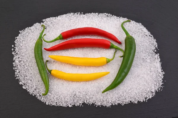 Mix Chili Peppers Salt Black Stone Black Food Background Spices — Stock Photo, Image