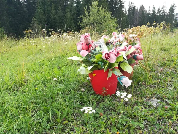 Bir çim alan bir kırmızı, plastik kova yapay, plastik çiçekler