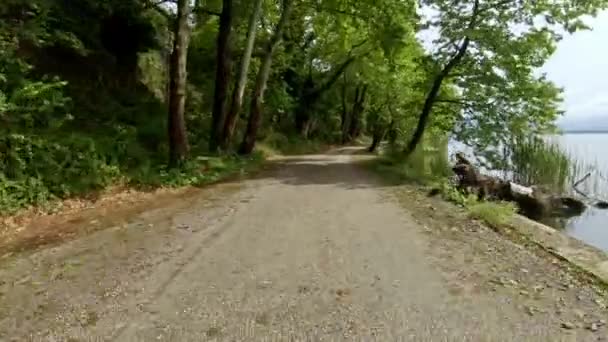 Paseo Coche Bicicleta Por Hermoso Camino Rural Junto Lago Disparo — Vídeos de Stock