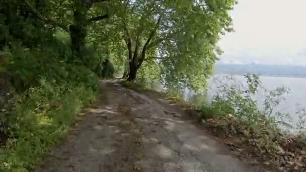 Carro Passeio Bicicleta Uma Bela Estrada Rural Perto Lago Tiro — Vídeo de Stock