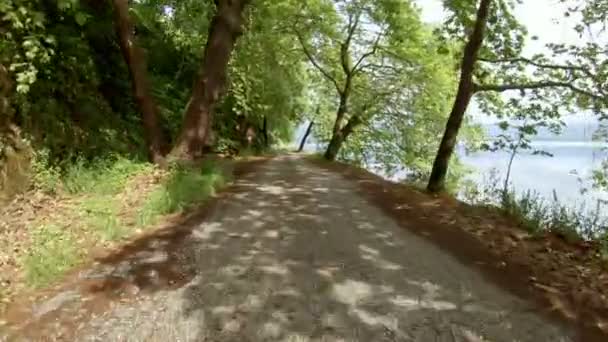 Carro Passeio Bicicleta Uma Bela Estrada Rural Perto Lago Tiro — Vídeo de Stock