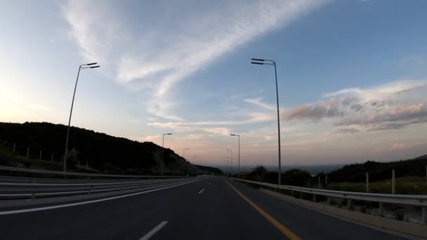 Dirigir Estrada Tarde Tarde Antes Pôr Sol Vista Frontal Câmera — Vídeo de Stock