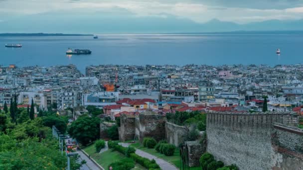 Panoramic View Day Night Timelapse Thessaloniki City Sunny Day Greece — Stock Video