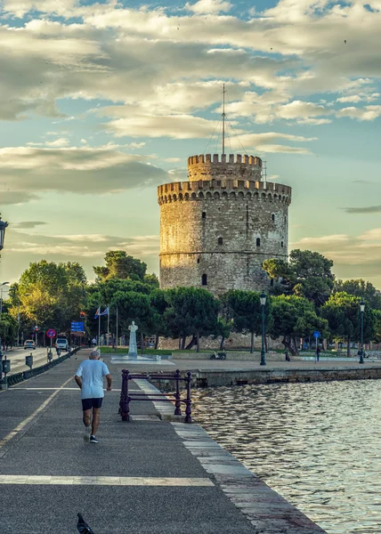 Weißer Turm Der Stadt Thessaloniki Morgen — Stockfoto