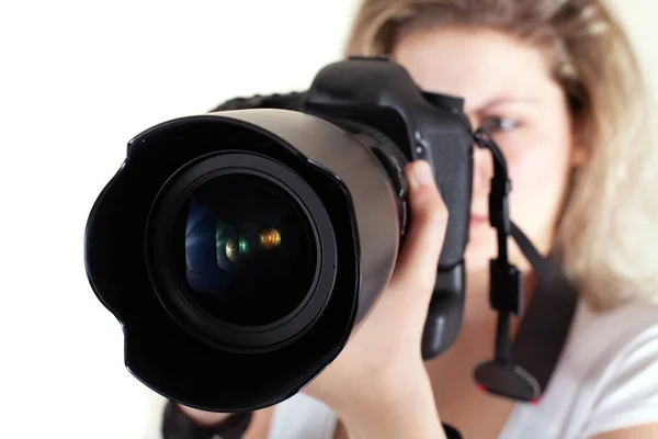 Photographer Young Woman Holding Big Camera Stock Image