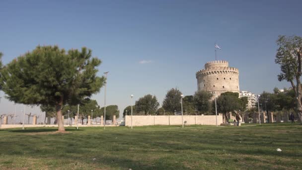 Morgon White Tower Thessaloniki Grekland Video 3840 2160 Vid Fps — Stockvideo