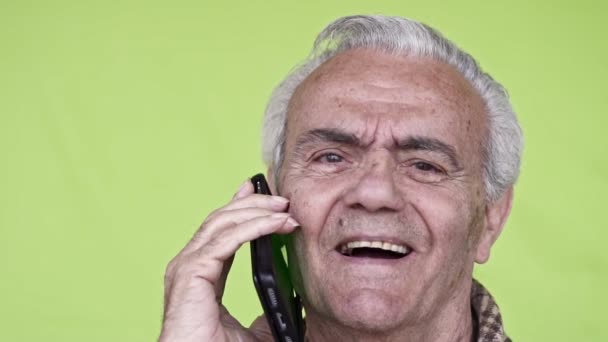 Senior Elderly Happy Man Talking Smartphone Close Slow Motion Video — Stock Video