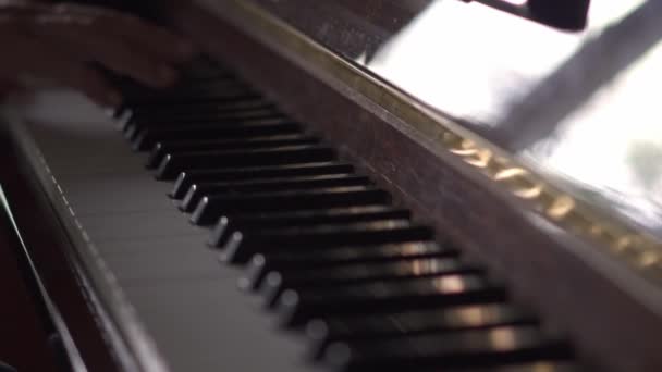 Muzikant Speelt Piano Slow Motion Video Een Kamer Met Natuurlijk — Stockvideo