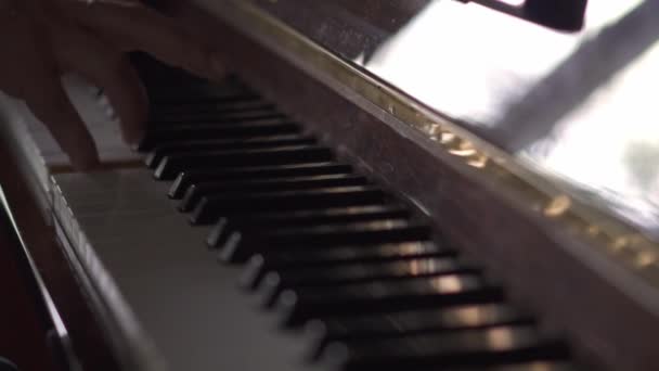 Muzikant Speelt Piano Slow Motion Video Een Kamer Met Natuurlijk — Stockvideo