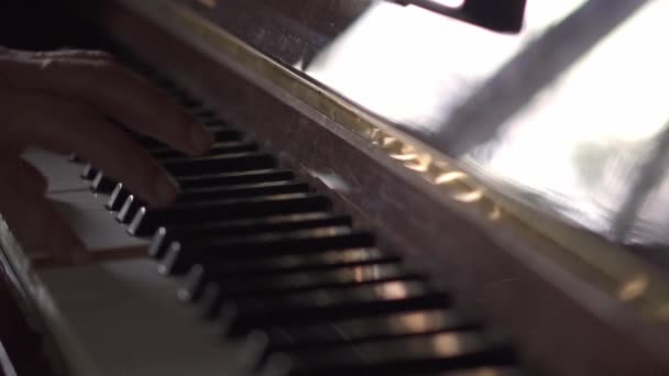 Músico Toca Piano Vídeo Cámara Lenta Una Habitación Con Luz — Vídeo de stock