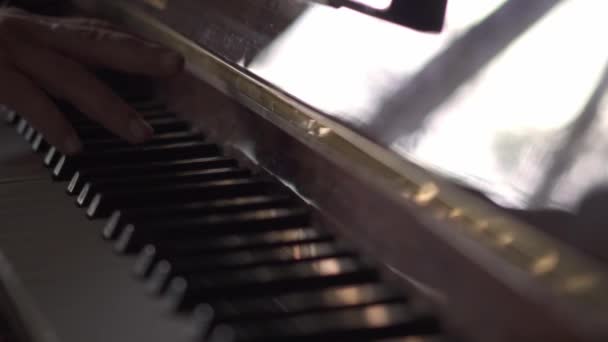Музыкант Играет Фортепиано Видео Slow Motion Комнате Естественным Освещением — стоковое видео