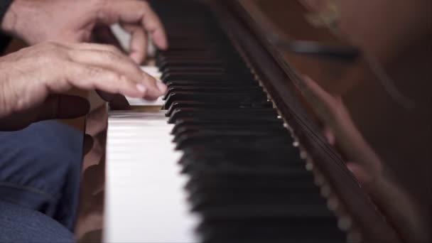 Musician Plays Open Piano Slow Motion Top View Medium Shot — Stock Video