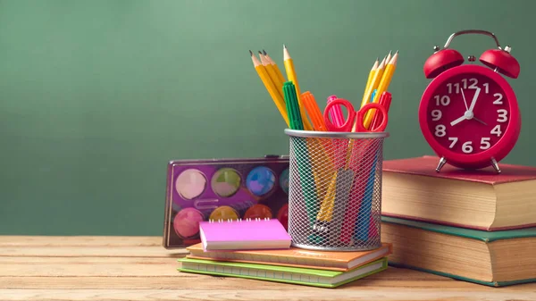 Back School Concept Alarm Clock Pencils Old Books Wooden Table — Stock Photo, Image