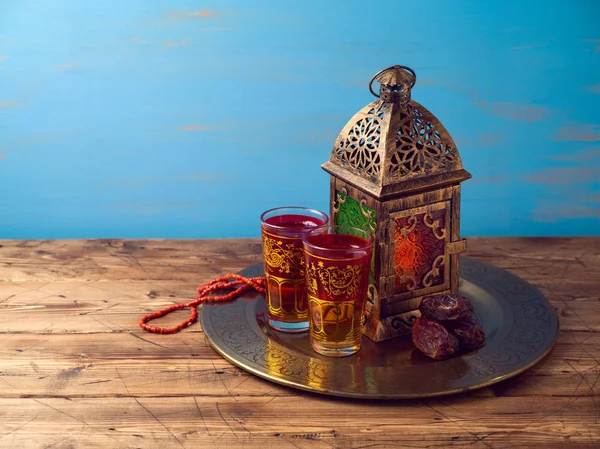 Lightened Lantern Tea Dates Fruit Wooden Table Ramadan Kareem Holiday — Stock Photo, Image