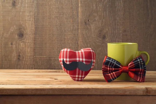 Happy Fathers Day Concept Heart Shape Mustache Coffee Cup Bow — стоковое фото