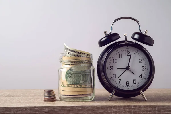 Finance Concept Alarm Clock Money Jar Business Background — Stock Photo, Image