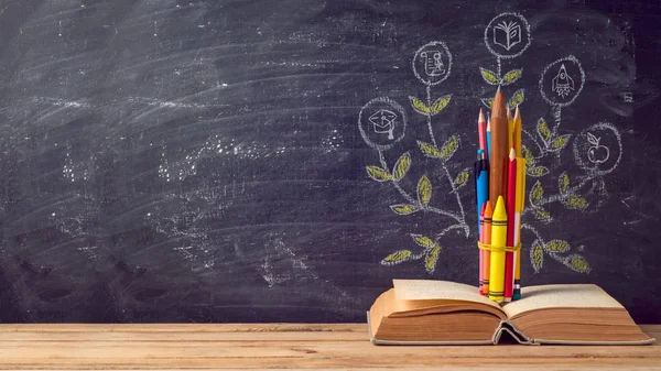 Volver Escuela Con Árbol Educación Hecho Lápices Libro Viejo Sobre — Foto de Stock