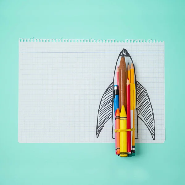 Back School Minimal Concept Rocket Notebook Page Pencils View — Stock Photo, Image