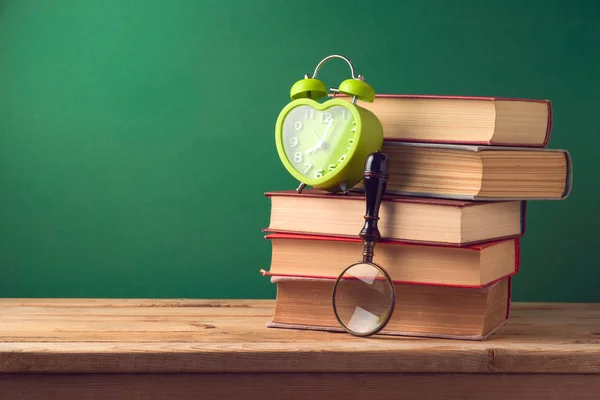 Back School Background Books Alarm Clock Magnifying Glass — Stock Photo, Image