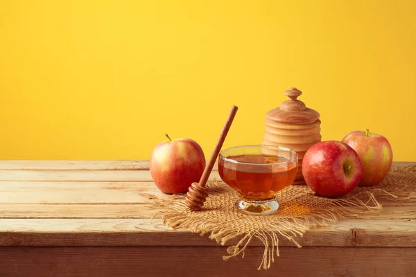 Honung Och Äpplen Träbord Judiska Högtiden Rosh Hashana Bakgrund — Stockfoto