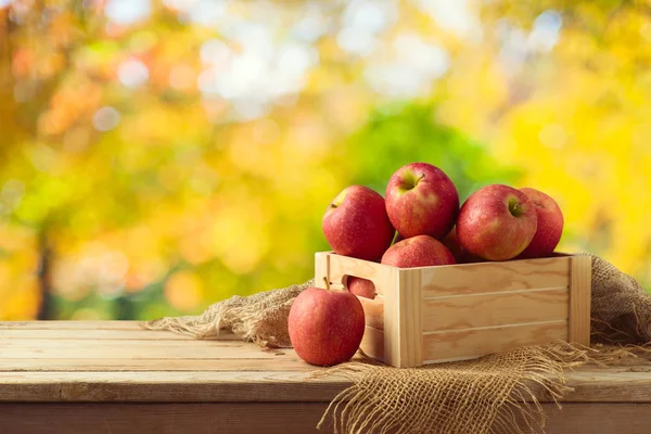 桌上的木箱里放着红苹果 秋季和秋季收获背景 — 图库照片