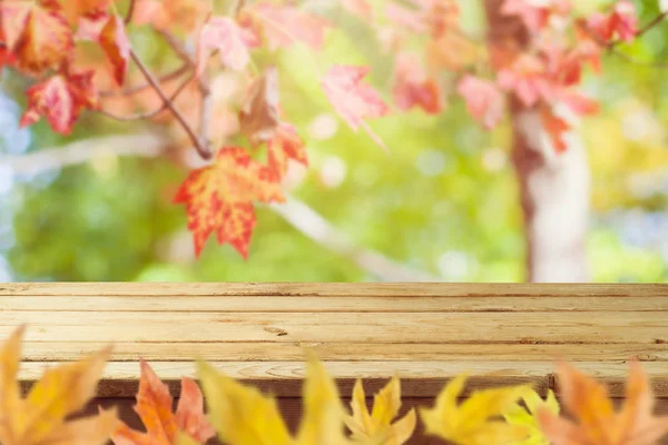 Leere Holztisch Über Herbst Natur Bokeh Hintergrund — Stockfoto