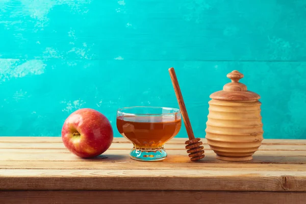 蜂蜜和苹果在木桌上 犹太假日 Rosh 新年背景 — 图库照片