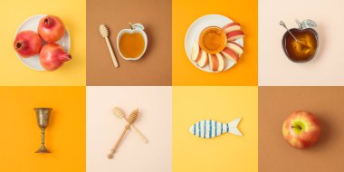 Tatlım, apple ve nar ile Yahudi tatil Rosh Hashanah kavramı. Yukarıdan görüntüleyin. Düz yatıyordu