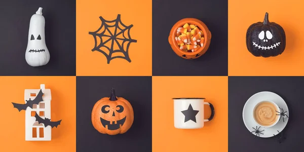Halloween Holiday Concept Jack Lantern Pumpkins Decorations View Flat Lay — Stock Photo, Image