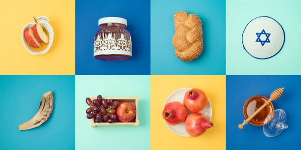 Judiska Högtiden Rosh Hashana Koncept Med Honung Äpple Och Granatäpplen — Stockfoto