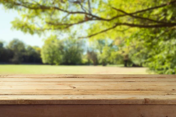 Prázdnou Dřevěný Stůl Nad Podzimní Přírody Parku Pozadí — Stock fotografie