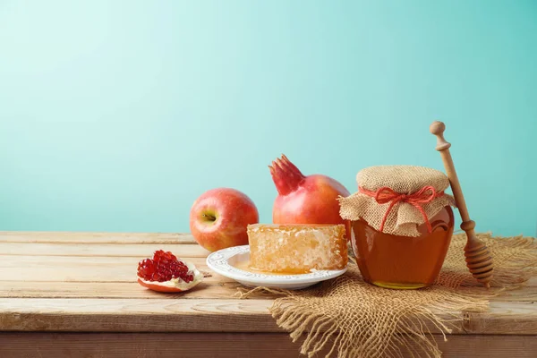 Jüdischer Feiertag Rosh Haschana Hintergrund Mit Honigglas Apfel Und Granatapfel — Stockfoto