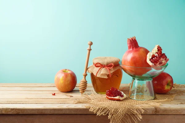 Jüdischer Feiertag Rosh Haschana Hintergrund Mit Honigglas Äpfeln Und Granatapfel — Stockfoto