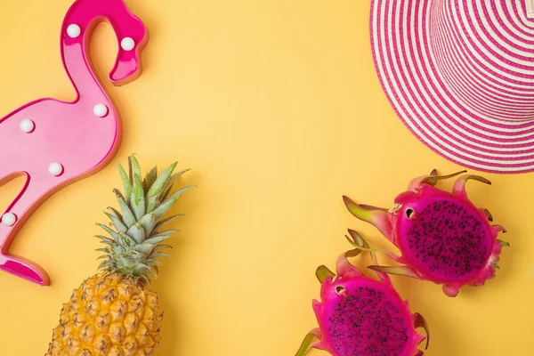 Tropical Summer Background Dragon Fruit Pineapple Party Flamingo Decor View — Stock Photo, Image