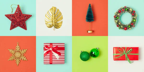 圣诞假期最小的概念与礼品盒和装饰品 从上面查看 — 图库照片