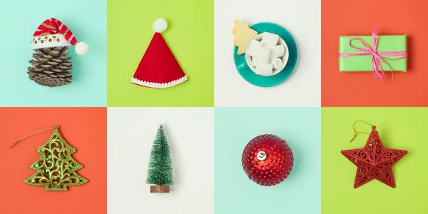 圣诞假期最小概念与圣诞老人帽子 礼品盒和装饰品 从上面查看 — 图库照片